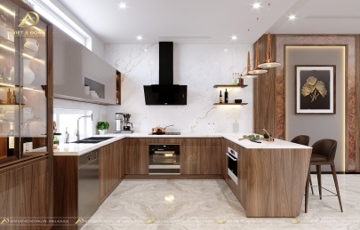 Các mẫu tủ bếp gỗ óc chó chữ U hiện đại cực đẹp